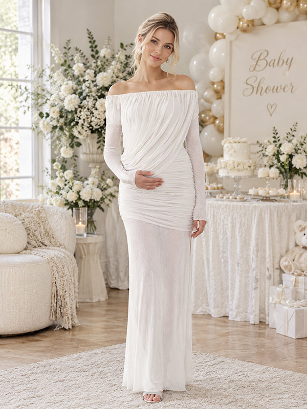 White Ruched Maternity Maxi Dress with Off Shoulder and Sheer Detail and Elegant Fit, Baby Shower Occasion