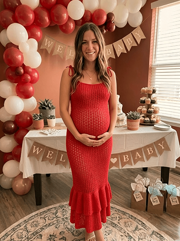 Momyknows Elegant Red Crochet Lace Up Falbala Baby Shower Maternity Maxi Dress - Red - 1