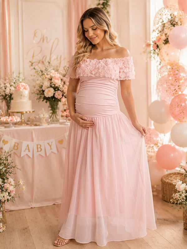 Momyknows Elegant Pink 3D Flowers Off Shoulder Baby Shower Maternity Maxi Dress