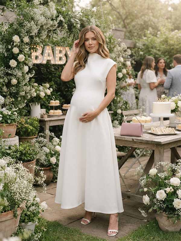 Momyknows Elegant White A-Line Patchwork Ruched Baby Shower Maternity Maxi Dress