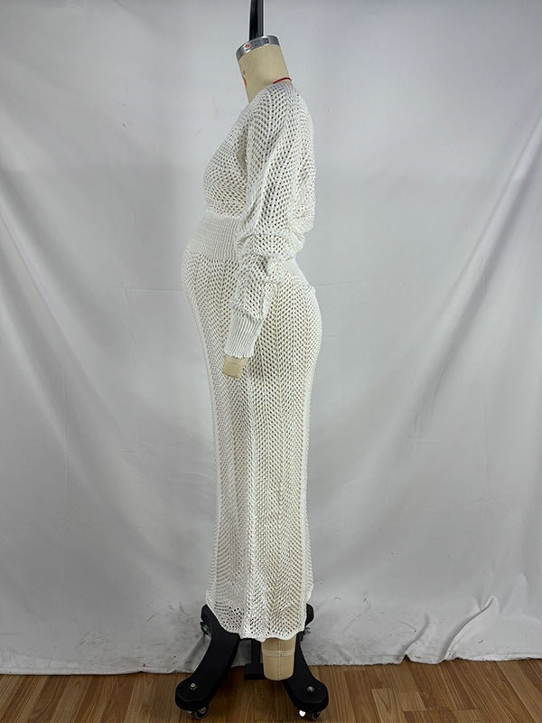 Momyknows White Crochet Knit Hollow Out Deep V-neck Lantern Sleeve Bodycon Elegant Going Out Maternity Sweater Maxi Dress White / S Momyknows White Crochet Knit Hollow Out Deep V-neck Lantern Sleeve Bodycon Elegant Going Out Maternity Sweater Maxi Dress White / S