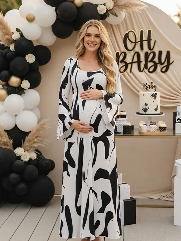 Black Printed Maternity Maxi Dress with U-Neck and Flared Sleeves and High-Waisted Fit, Baby Shower