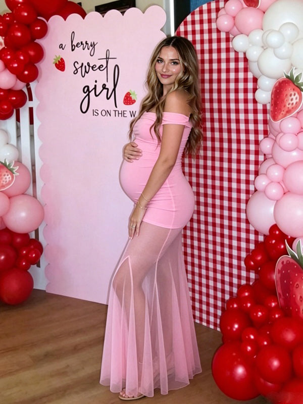 pink sheer maternity dress V Neck Pleated Organza Maternity Dresses for Photoshoot Big Skirt Sheer Dress for Maternity Baby Shower yewendress