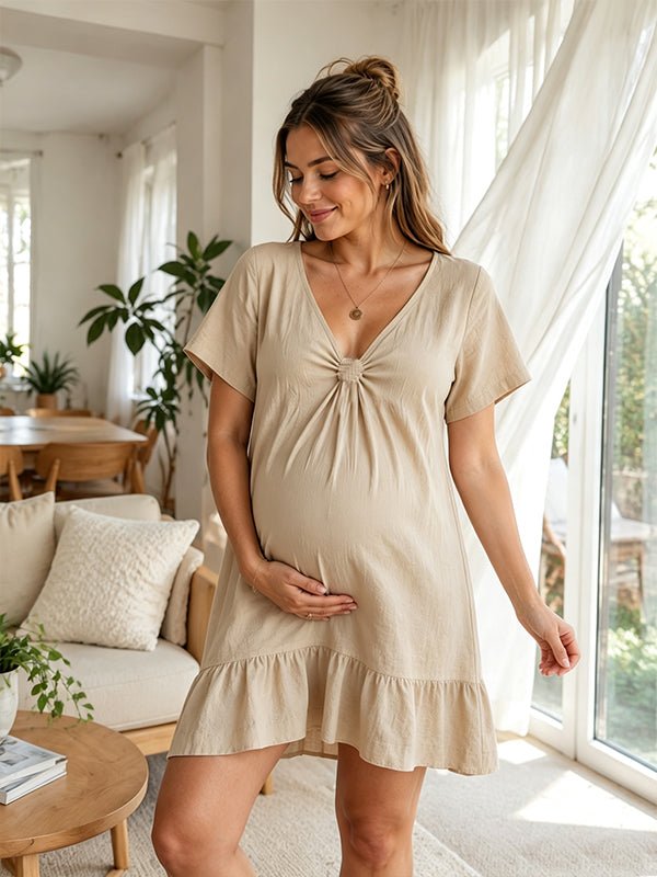 Momyknows Khaki Ruched Plus Size Spliced Skater A-line Photoshoot Mini Dress, Khaki / L