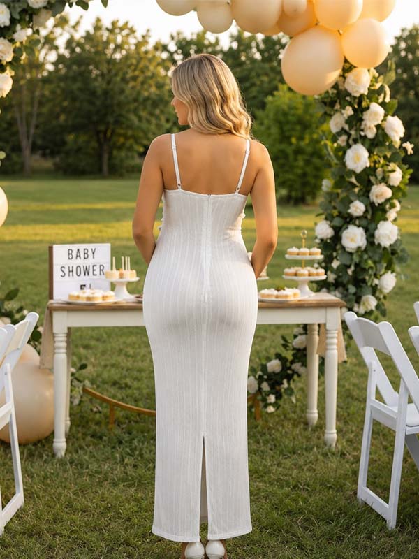Momyknows White Ruffle Lace Spaghetti Strap Backless 3D Big Flowers Maternity Baby Shower Maxi Dress - White - 1