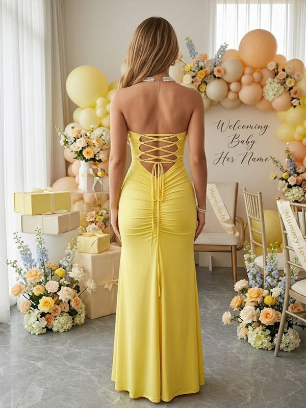 Momyknows Yellow Ruched Lace Up Bodycon Backless Maternity Baby Shower Maxi Dress, Yellow / XL