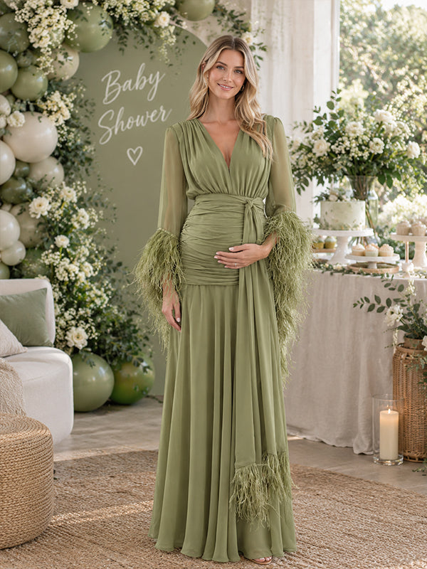 Army Green Ruched Maternity Maxi Dress with Ribbon Detail and Elegant Fit, Baby Shower Occasion