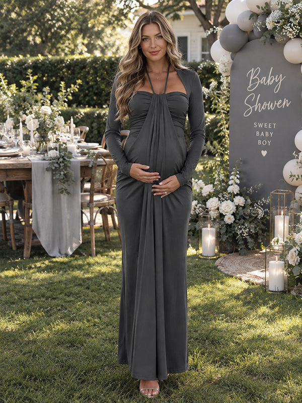 Dark Grey Maternity Maxi Dress with Ruched Design and Halter Neck Ribbon Detail and Flattering Silhouette, Baby Shower