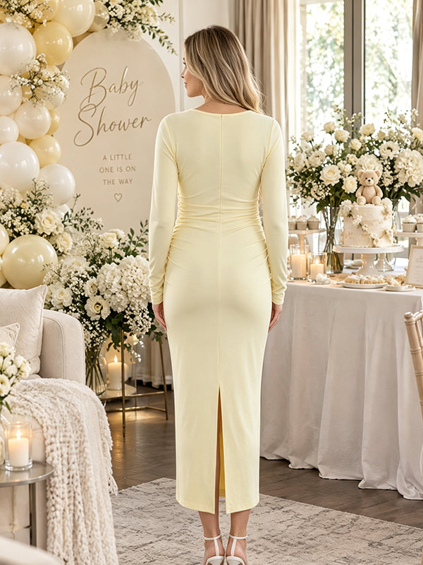 Yellow Maternity Midi Dress with Deep V Detail and Back Slit Style