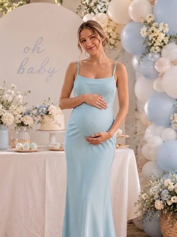 Momyknows Mermaid Spaghetti Straps Grenadine Cape 2-in-1 Baby Shower Maternity Maxi Dress - Blue - 2