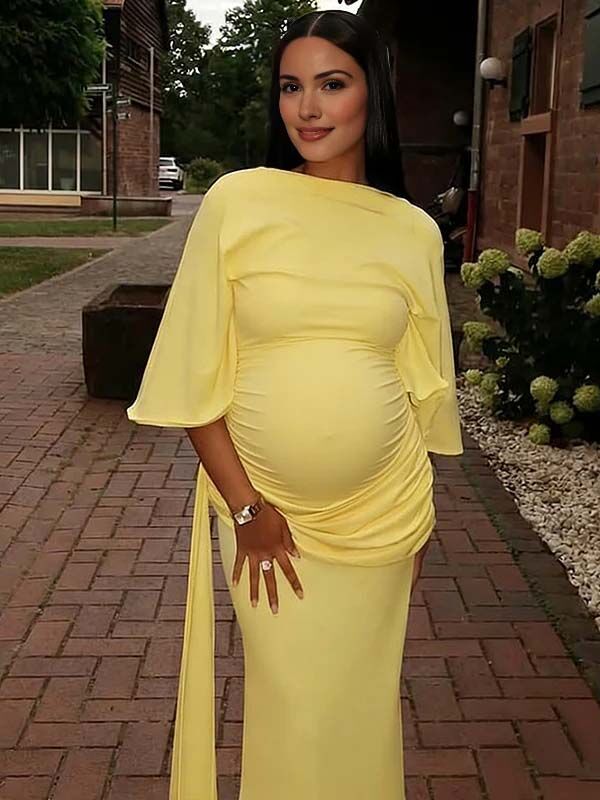 Momyknows Chic Yellow Backless Side Slit Side Draped Cascading Ruffle Cocktail Baby Shower Maternity Maxi Dress