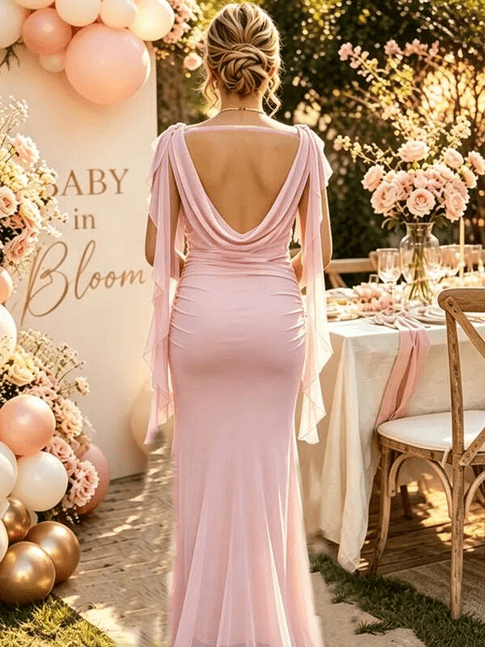 Momyknows Pink Bodycon Falbala Ribbon Open Back Ruched Dress Baby Shower Maxi Dress - Pink - 2