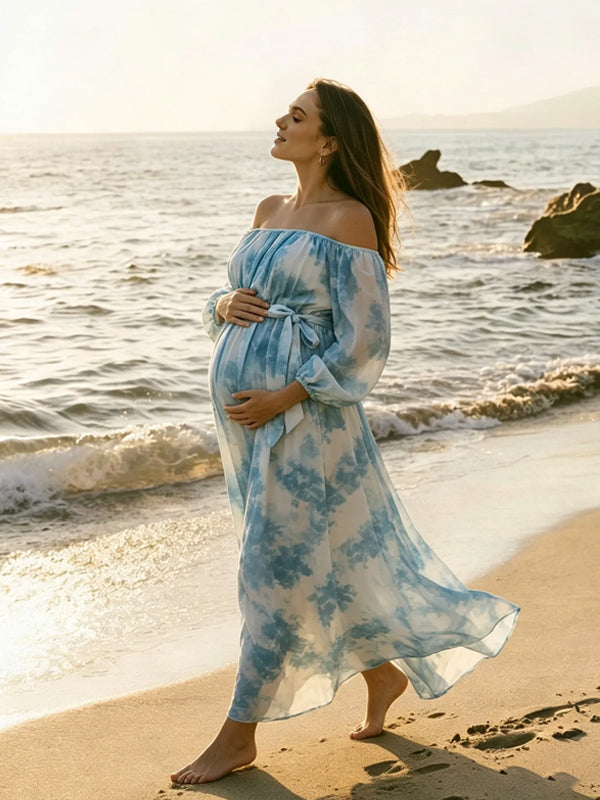 Blue Printed Maternity Maxi Dress with Front-Tie Design and Loose Fit