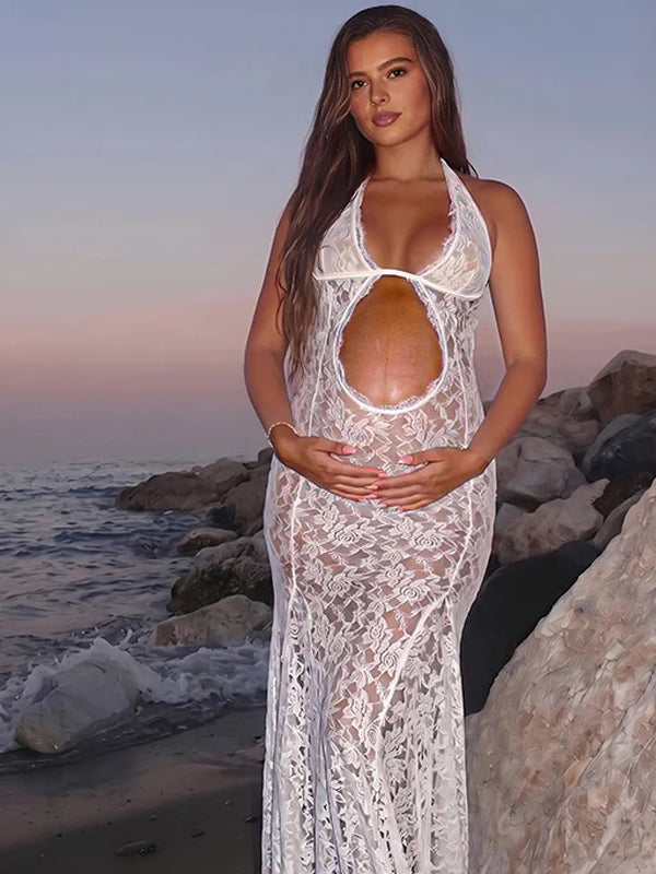 Momyknows White Lace Halter Neck Deep V Backless Bodycon Elegant Maternity Photoshoot Maxi Dress