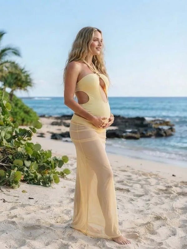 Momyknows Yellow Sheer Ruffle Halter Neck Backless Two Piece Tulle Bikini Maternity Swimsuit - Yellow - 2