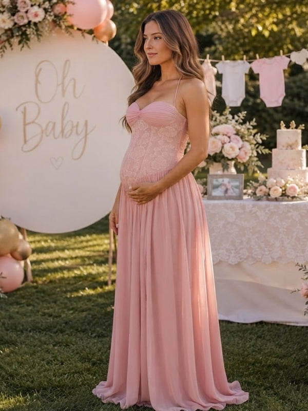 Pink Lace Maternity Maxi Dress with Halter Neck and Big Swing Silhouette