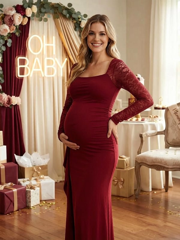Momyknows Wine Red Long Sleeve Square Neck Lace backless Slit Solid Color Maternity Baby Shower Maxi Dress, Wine Red / S