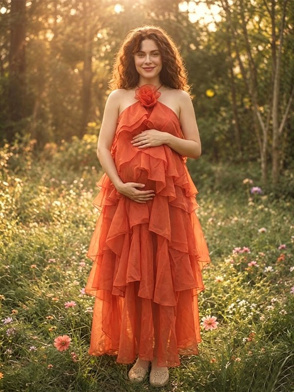 Momyknows Orange Open Back Halter Neck Lace-Up 3D Flowers Falbala Maternity Photoshoot Maxi Dress, Orange / M