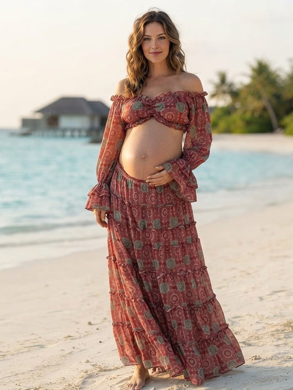 Red Off Shoulder Maternity Maxi Dress with Print Detail and Ruffle Accents