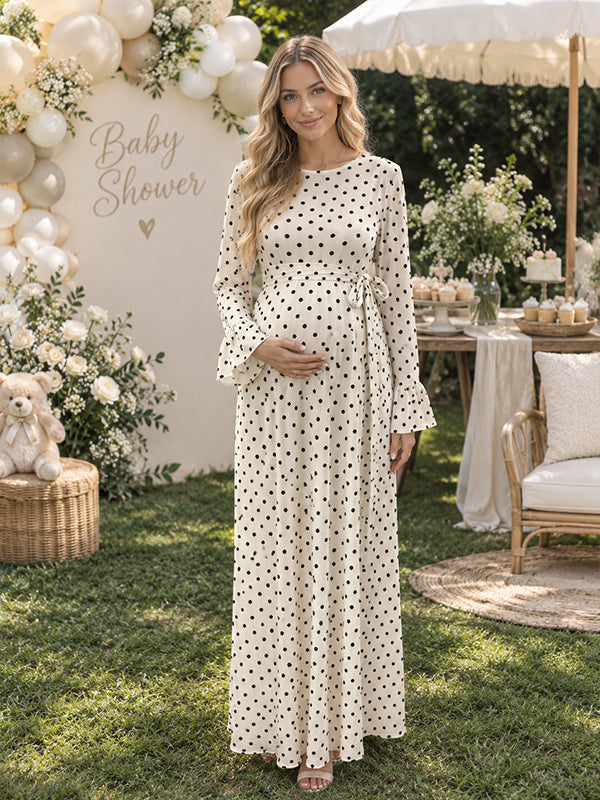Apricot Polka Dots Maternity Maxi Dress with Flare Sleeves and Elegant Fit, Baby Shower Occasion