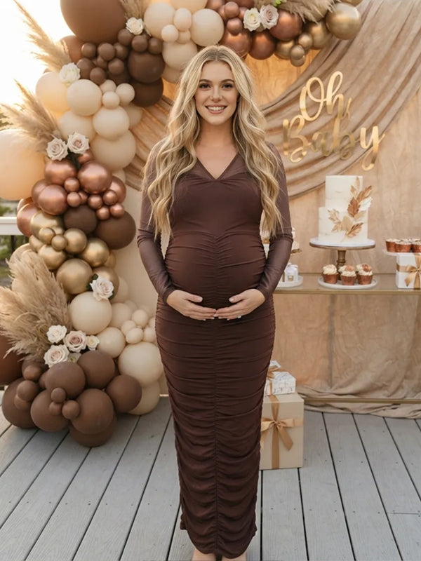 Brown V-Neck Maternity Maxi Dress with Pleated Details and Long Sleeves and Bodycon Fit, Baby Shower