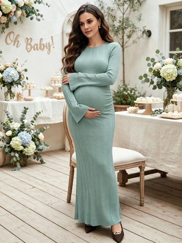 Momyknows Flare Sleeve Crochet Bodycon Mermaid Babyshower Maternity Maxi Dress - Light Blue - 2