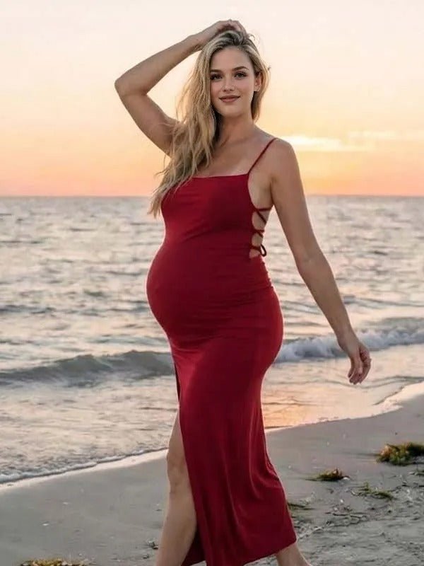 Momyknows Red Ruffle Backless Lace-up Spaghetti Strap Side Slit Maternity Photoshoot Maxi Dress - Red - 2
