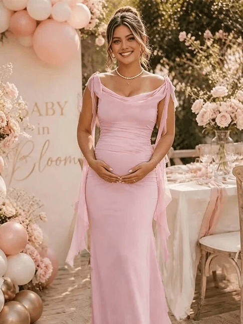 Momyknows Pink Bodycon Falbala Ribbon Open Back Ruched Dress Baby Shower Maxi Dress - Pink - 1