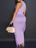 Momyknows Tassel Two Piece Halter Neck Belly Friendly Bodycon Sleeveless Babyshower Maternity Maxi Dress