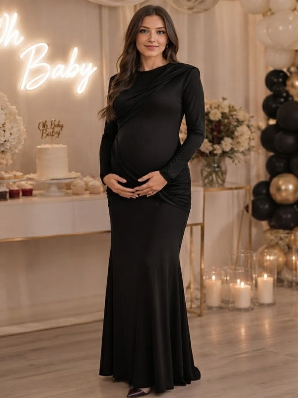 Black Bodycon Maternity Maxi Dress with Elegant Ruched Detail and Backless Design, Baby Shower Occasion