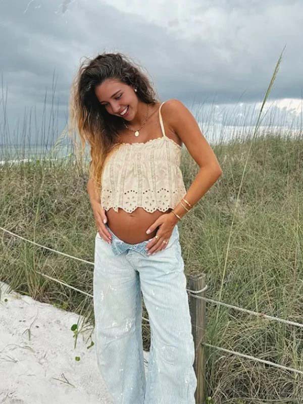 Momyknows Beige Embroidery Spaghetti Strap Photoshoot Maternity Top