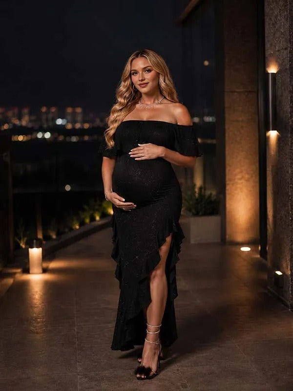 Momyknows Black Off Shoulder Slit Sequin Irregular Falbala Maternity Photoshoot Midi Dress