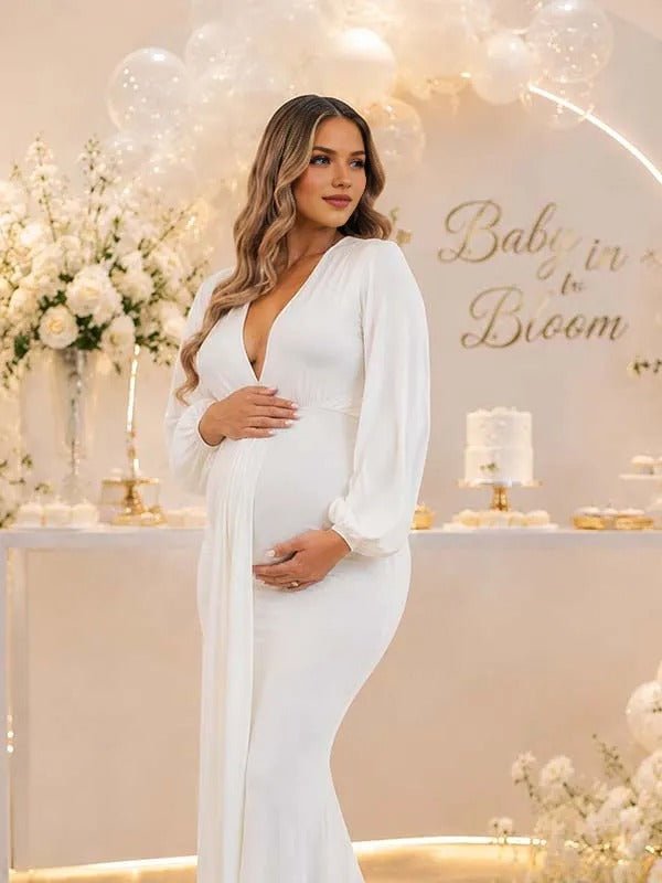 Momyknows White Ruffle Lace-up Plunging Neckline Maternity Baby Shower Maxi Dress - White - 2