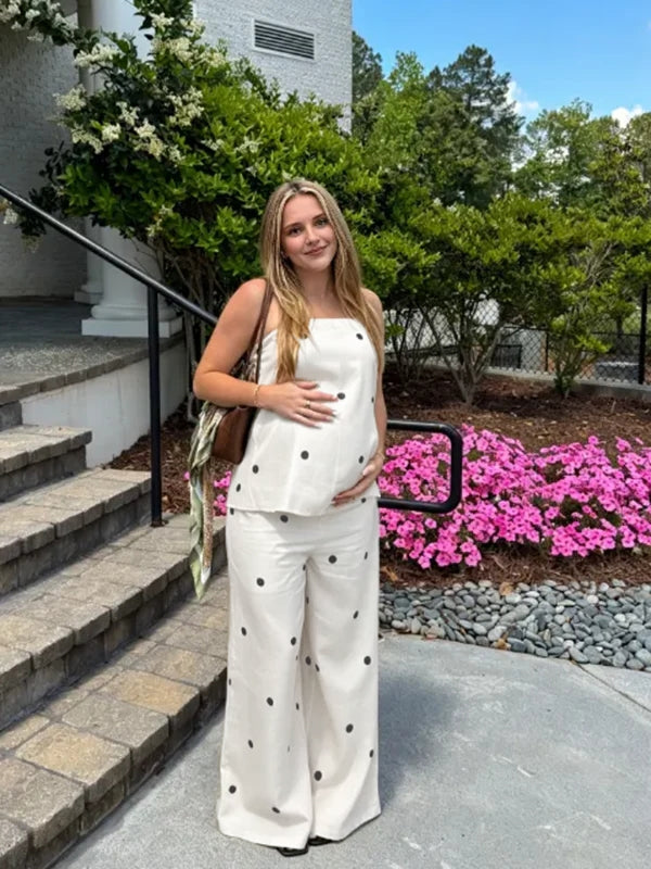 Momyknows Sweet White Polka Dot Bandeau Two Piece Maternity Tank Top Wide Leg Pant