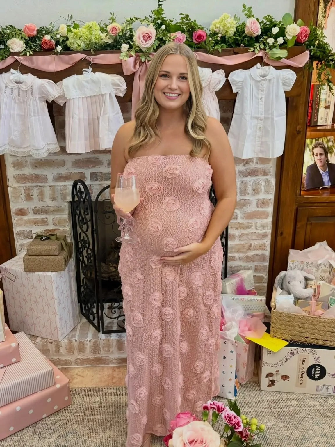 Momyknows Pink 3D Flowers Sleeveless Bandeau Baby Shower Maternity Maxi Dress