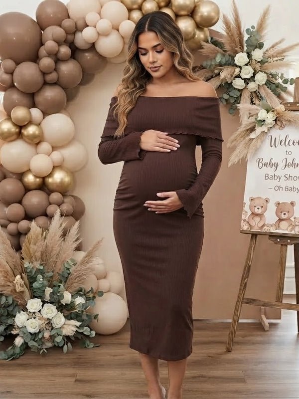 Momyknows Off Shoulder Back Split Backless Flare Sleeve Ruched Maternity Baby Shower Maxi Dress - White - 2