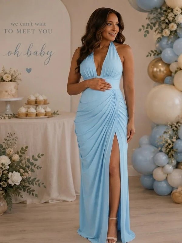 Momyknows Halter Neck Lace Up Backless Side Slit Ruched Maternity Baby Shower Maxi Dress - Blue - 5