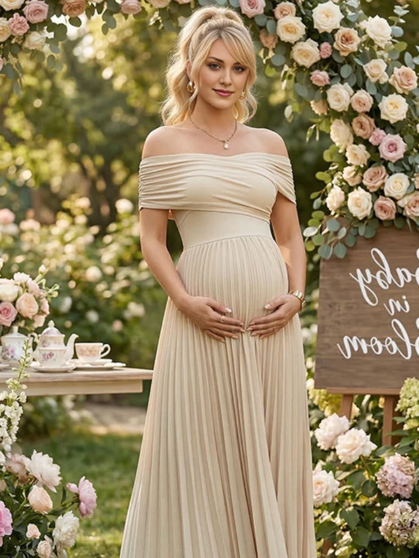 Momyknows Apricot Off Shoulder Cross Chest Pleated Big Swing Maternity Maxi Dress