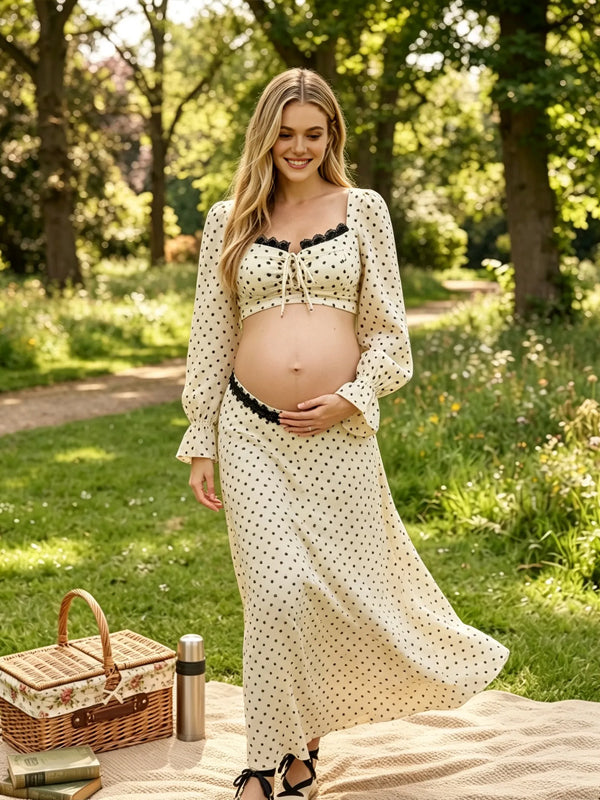 Buff Polka-Dot Lace-Up 2-in-1 Maternity Dress with Square Neck and Lace-Up Detail