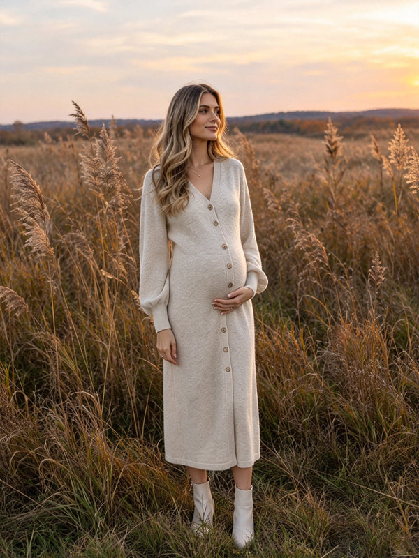 Grey Sweater Maternity Midi Dress with Deep V Neckline and Textured Button Front