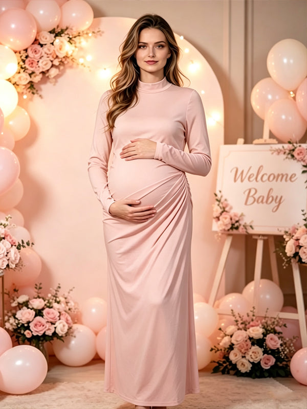 Pink Elegant Ruched Maternity Maxi Dress with Button Detail and Bodycon Silhouette, Baby Shower Occasion