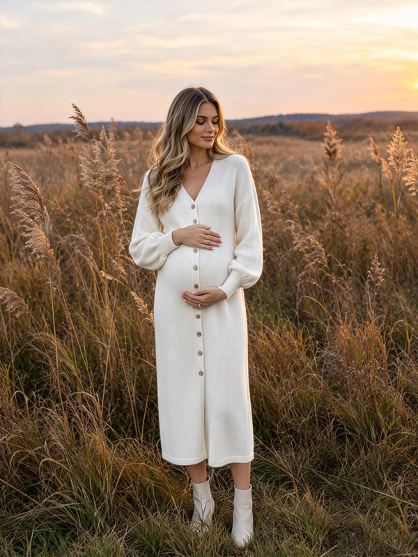 White Crochet Button Maternity Midi Dress with Deep V Neckline and Elegant Sweater Design, Photoshoot Occasion