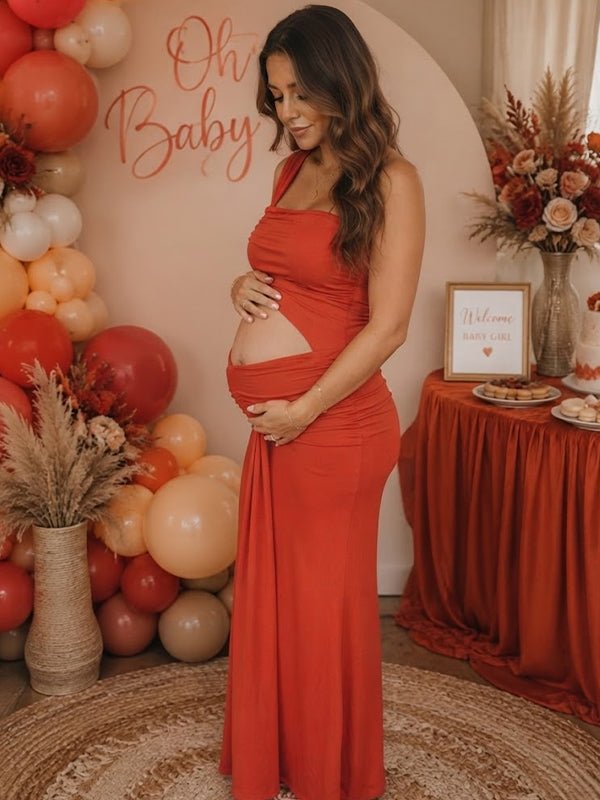 Momyknows Red Bodycon Lace-Up Open Back Ruched Dress Baby Shower Maxi Dress - Red - 2