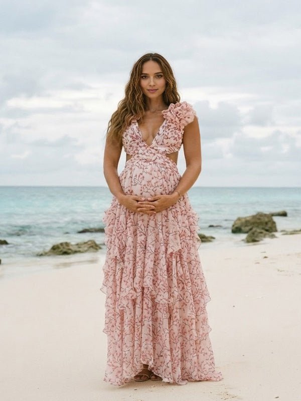 Momyknows Deep V Print Ruffle Backless Lace Up Maternity Photoshoot Maxi Dress - Pink - 4