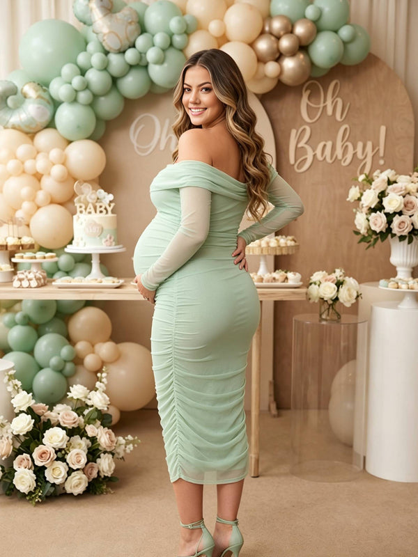 Green Maternity Dress with Off-the-Shoulder Ruffles and Tulle Detailing and Form-Fitting Fit