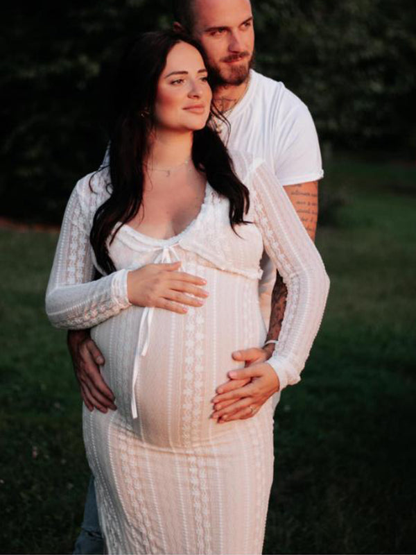 Momyknows Ivory Lace Two Piece Set Side Slit V-neck Cami Maxi Dress And Crop Cardigan Elegant Going Out Maternity Photoshoot Baby Shower Maxi Dress