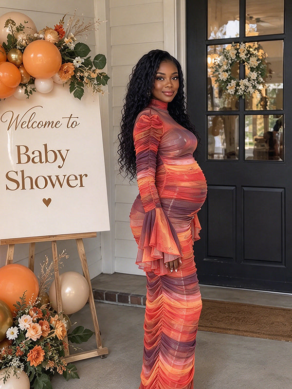 Orange Print Maternity Maxi Dress with Flare Sleeves and Elegant Silhouette