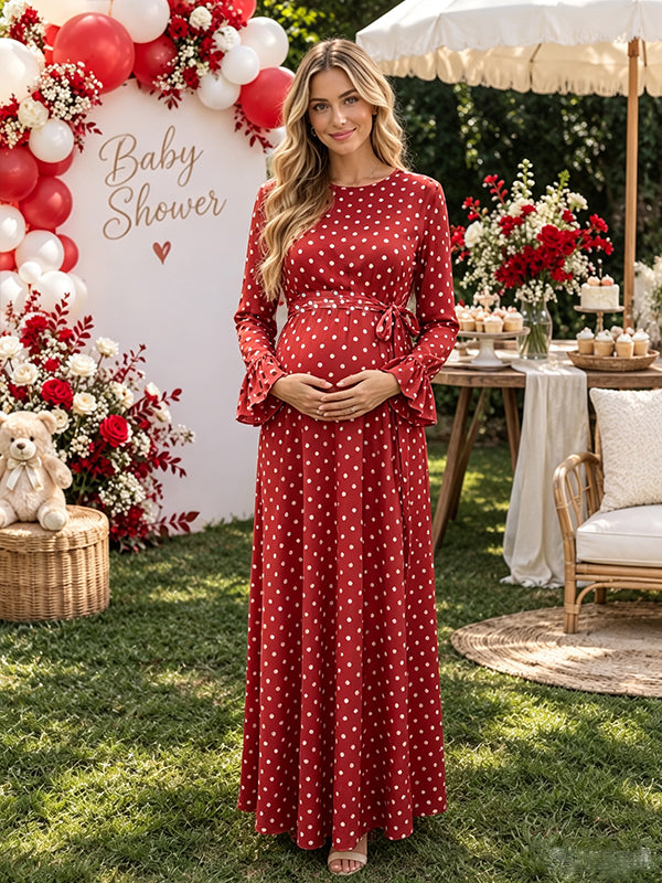 Red Maternity Maxi Dress with Polka Dot Pattern and Flare Sleeves and Graceful Fit, Baby Shower Occasion