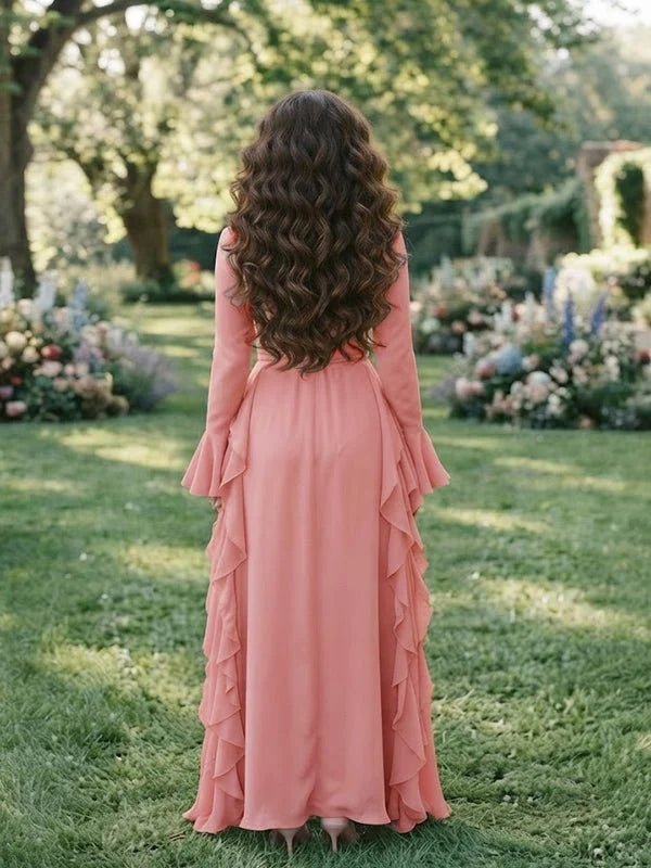 Momyknows Ruffle Flare Sleeve Big Swing Maternity Photoshoot Maxi Dress - Pink - 3