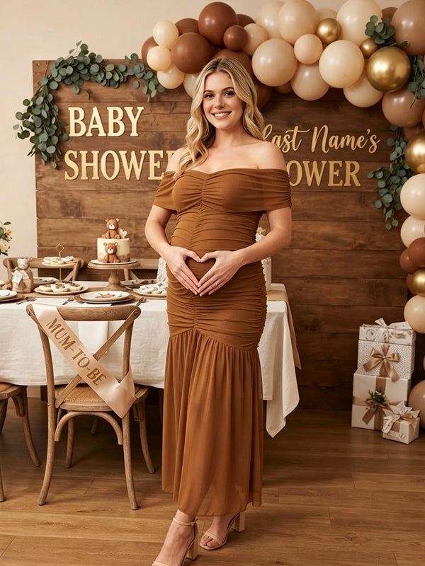 Brown Off-the-Shoulder Maternity Dress with Ruffled Tulle Details and Open Back